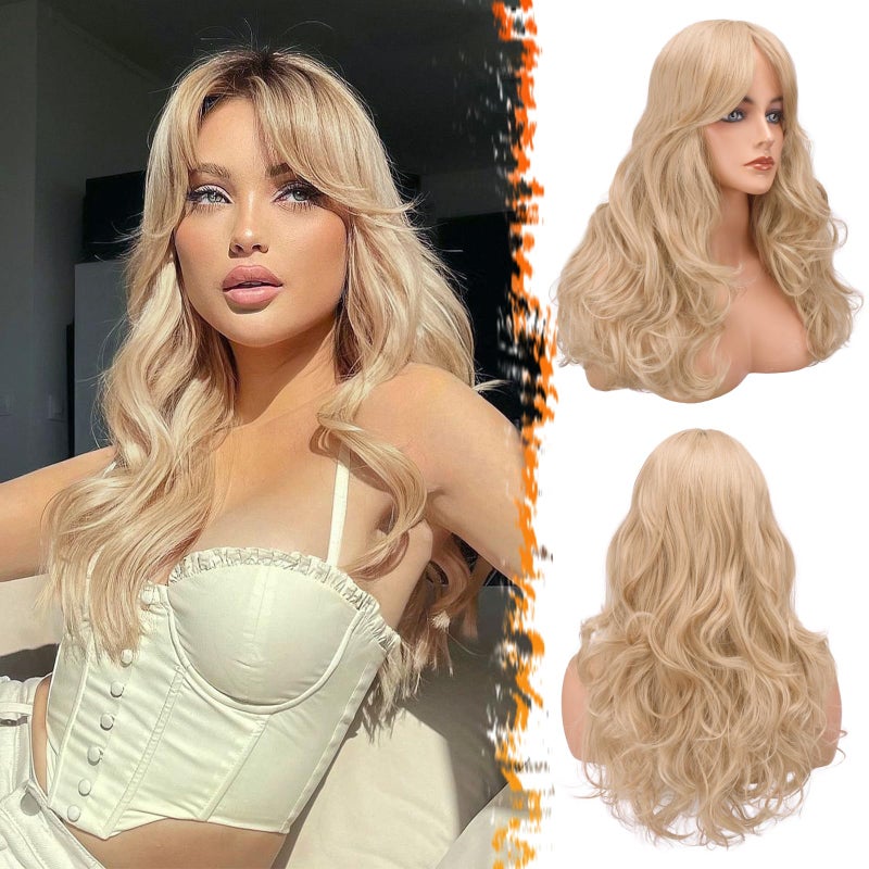 BARSDAR Long Blonde Curtain Bangs Wig  26 Inch Long Wavy Layered Wigs for Women  Synthetic Hair Sabrina Wigs Butterfly Haircut Soft Natural Looking Daily Party Halloween  Blonde Mixed